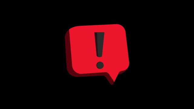 Animated 3D Red Caution Sign with Exclamation Mark on Black Background. 4K Video