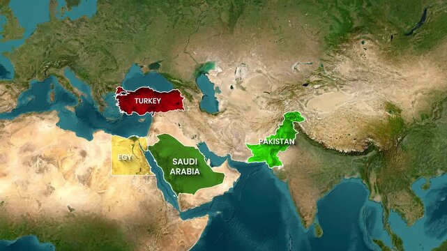 Geopolitical Map Animation Highlighting Saudi Arabia, Pakistan, Turkey, Egypt, Uzbekistan, and Bangladesh
