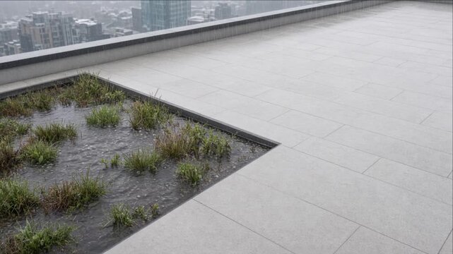 Rainy Rooftop Terrace Water Garden Cinematic Minimal Timelapse Background Over Urban Skyline, Reflective Gray Pavement, Green Drainage Garden, Soft Gray Weather, Modern Architecture