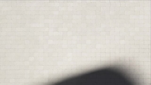 Cinematic minimal timelapse background featuring geometric shadow across pale tiled wall, with subtle texture, soft light, dark contrast, and calm abstract surface for modern architectural design