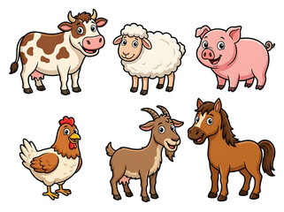 Fototapeta premium Various cartoon farm animals including cow sheep pig chicken goat and horse on white background.