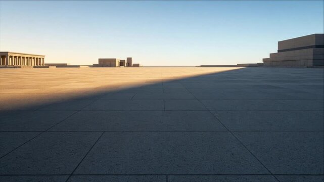 Cinematic modern architecture urban plaza exterior with geometric concrete paving, long evening shadow, low buildings, clear blue sky, warm cinematic light, expansive minimal timelapse background