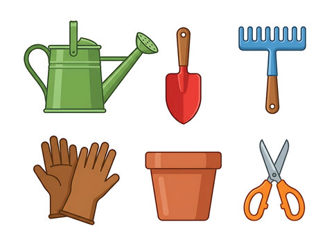 Gardening tool set includes green watering can red hand trowel blue rake brown gloves terra cotta pot and orange garden shears for hobby horticulture.