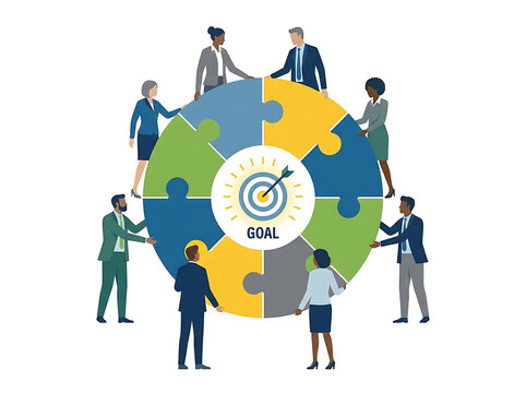 Business team assembling large jigsaw puzzle with target goal in center visualizing corporate collaboration strategy success and unity within workplace.