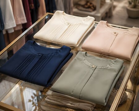 Elegant Folded Blouses Shine on a Glass Retail Table with Refined Boutique Reflections and Style
