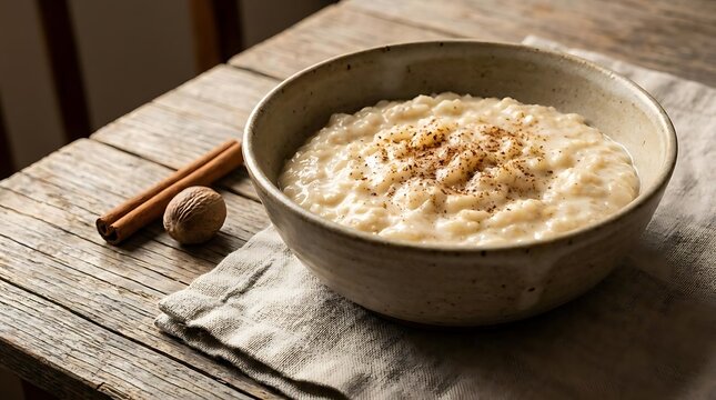 A warm and creamy bowl of homemade nutmeg rice pudding served in a rustic ceramic bowl on a weathered wooden table with a cinnamon stick and nutmeg