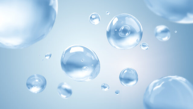 Close-Up of Floating Water Droplets on clean blue background, Beauty cosmetics background concept, 3D rendering
