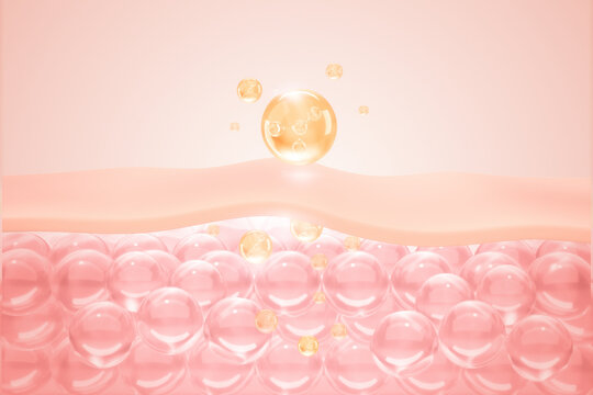 Cosmetic serum oil drop on skin cell serum through the skin layer and reduce up saggy skin, 3D rendering