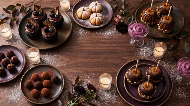 Festive Halloween dessert flat lay frame featuring caramel apples, chocolate cupcakes, pumpkin cookies, and truffles on a rustic wooden table with candles. Ideal for autumn food blogs, party invitatio
