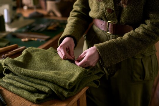 Seamstress pinning blue fabric for tailoring precision