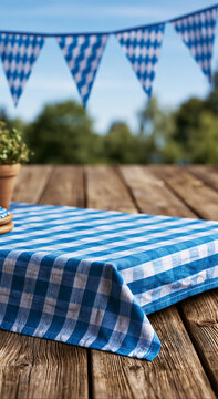 Blue checkered tablecloth with bunting