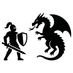 Obraz premium Black and white vector illustration showing a brave armored knight standing ready to battle a powerful fire breathing dragon in a medieval conflict