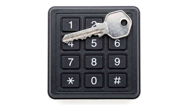 Metal key on black numeric keypad for cybersecurity protection