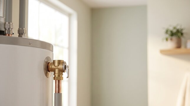 Water heater temperature relief valve in a modern bathroom setting  