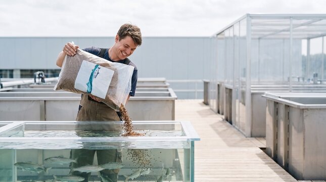 Young man pouring fish feed into aquaculture tanks on a farm  