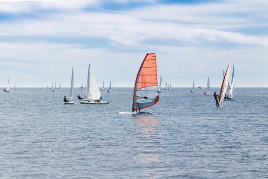Windsurfer with bright orange sail rides among sailboats and other windsurfers on open sea during regatta