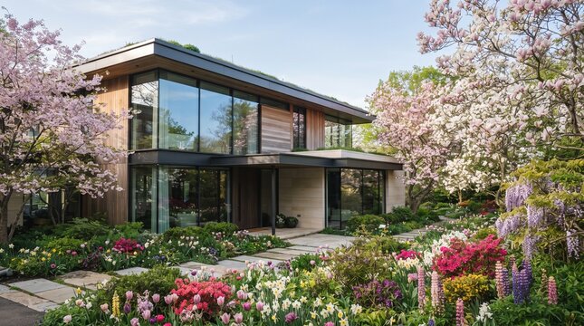 Modern architectural marvel nestled within a vibrant spring garden, showcasing contemporary design, lush landscaping, and serene natural beauty at the cusp of a fresh season