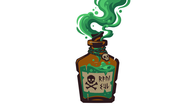 Toxic Potion Bottle with Skull Label and Green Smoke