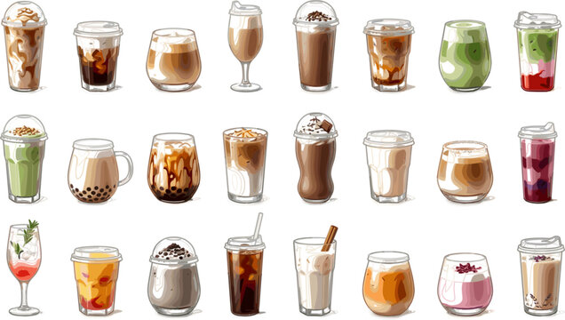 Collection of various iced coffee, tea, and fruit beverages in different glass and plastic cups