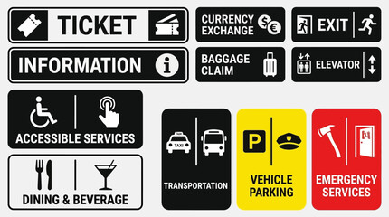 Naklejka premium Set of airport and public facility informational signage vector icons featuring clear navigation symbols for wayfinding and directional guidance