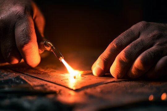 Goldsmith hands crafting gold diamond ring in workshop