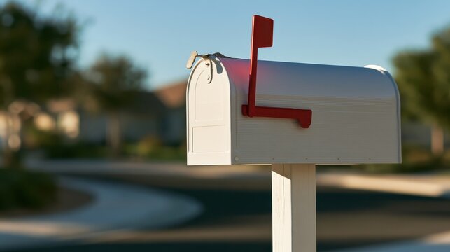 A classic white residential mailbox with a red flag stands on a suburban street in golden sunlight. This image is perfect for communication and neighborhood concepts.