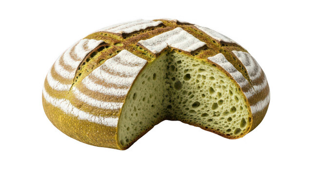 Round sourdough loaf cut open displaying porous crumb for bakery food packaging.