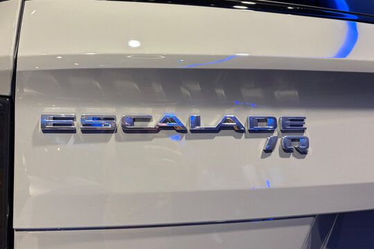 Close up of the Escalade IQ badge on a Cadillac electric luxury SUV displayed in Orlando Florida on August 16, 2026.
