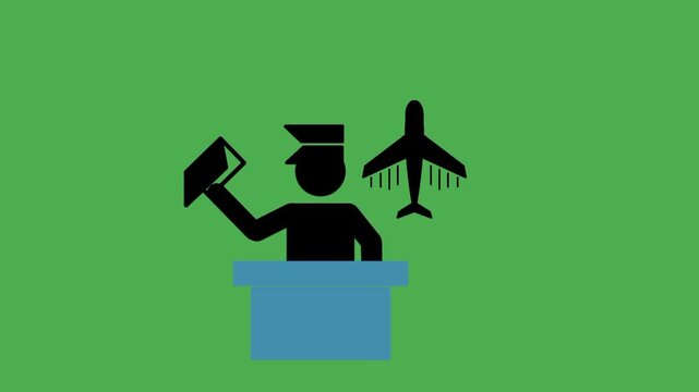 Immigration check concept featuring an immigration officer and airplane icons, representing border control, travel inspection, airport procedures, and passenger screening.