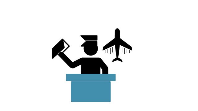 Immigration check concept featuring an immigration officer and airplane icons, representing border control, travel inspection, airport procedures, and passenger screening.