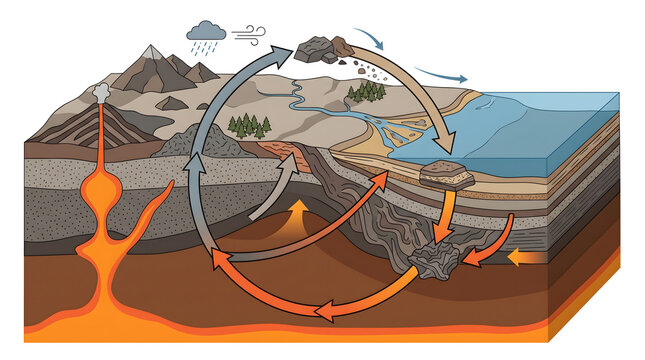 Rock cycle geological process demonstrates the transformation of earth materials through volcanic activity, erosion, and tectonic plate movement.