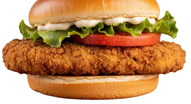 Crispy fried chicken burger with fresh lettuce and ripe tomato on white background.