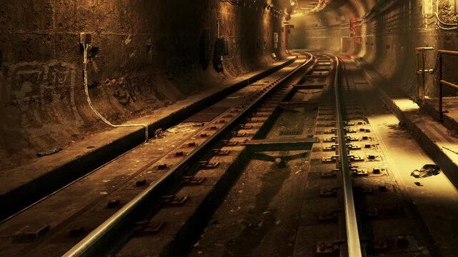 A view of an empty subway tunnel shows metal tracks heading into the distance. Dim light illuminates the walls. Old graffiti marks the surface, and debris is scattered on the ground.