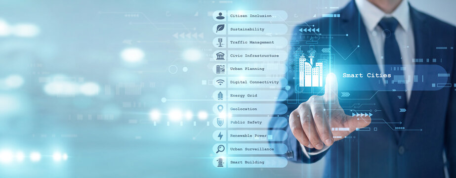 Planner's point of Smart Cities urban concept, integrated digital infrastructure improves public services and energy efficiency for residents. Advanced sensors drive sustainable growth now.
