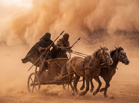 Ancient Warriors in Chariot Race Through Desert Dust Storm