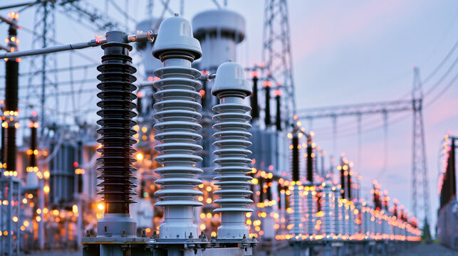 High-voltage electrical insulators and power lines at a substation during sunset with blurred towers and glowing lights.