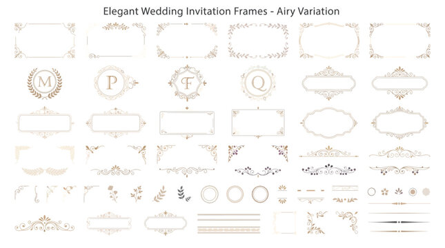 Set of elegant wedding invitation frames, decorative borders, monograms, and floral corner elements for luxury stationery design