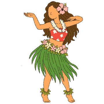 Hula dancer girl illustration hand drawn Hawaiian dancer with grass skirt and flower lei clipart