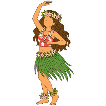 Hula dancer girl illustration hand drawn Hawaiian dancer with grass skirt and flower lei clipart