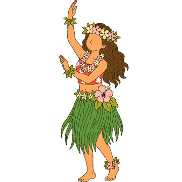 Hula dancer girl illustration hand drawn Hawaiian dancer with grass skirt and flower lei clipart