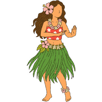Hula dancer girl illustration hand drawn Hawaiian dancer with grass skirt and flower lei clipart