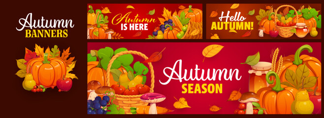 Naklejka premium Autumn season holiday banners with fall season quotes and leaves foliage, pumpkins and mushrooms. Vector festive Thanksgiving background for market or fair harvest celebration and hello fall greeting
