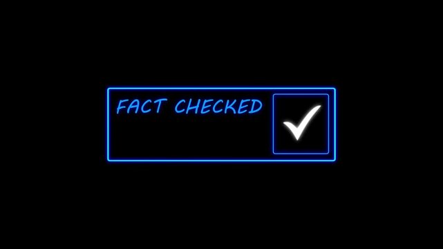 Blue neon Fact Checked verification badge animation on black background with glowing checkmark. Perfect for trusted content, online verification, news media, and digital security projects.
