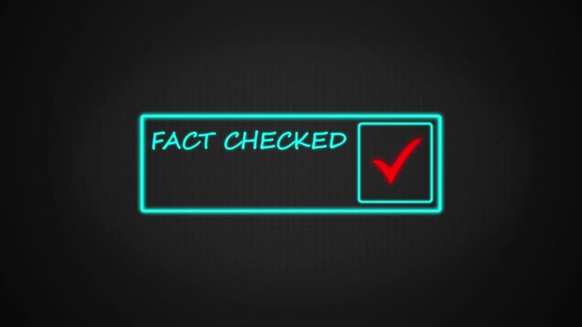 Glowing cyan Fact Checked badge animation with verification checkmark on black background. Suitable for online trust, news verification, cybersecurity, education, and media graphics.