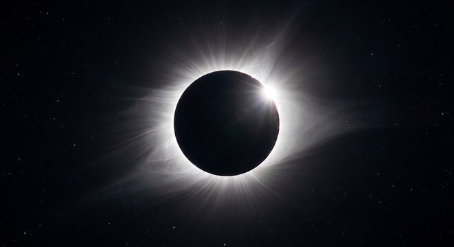 A breathtaking view of a total solar eclipse showing the sun corona and a diamond ring effect against a dark starry space background
