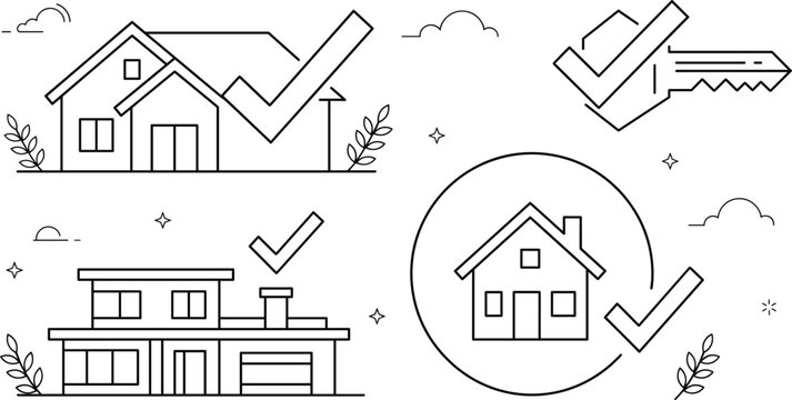 Real Estate House Icon Set with Approval Checkmarks and Key Line Art