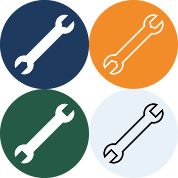 Wrench spanner tool icons inside colorful circular badges on a white background with equipment