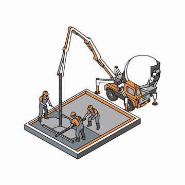 Construction workers operating concrete pump truck on site.