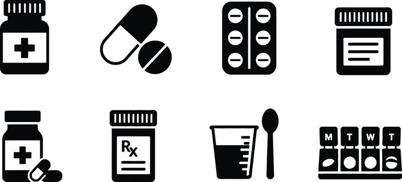 Comprehensive Collection of Medical Medication Icons Featuring Pill Bottles, Capsules, Tablets, Blister Packs, Rx Containers, Syrup Measuring Cups, and Weekly Pill Organizers for Healthcare.