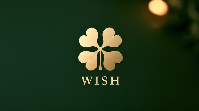 A golden four leaf clover symbol with the word wish below is displayed against a dark green background. Perfect for branding and luck themes.